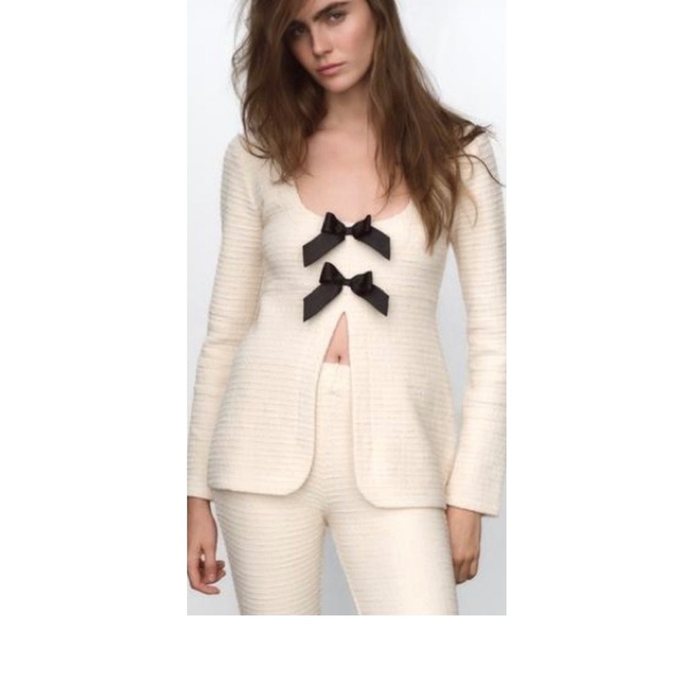 Maeve Anthropologie Ivory Textured Bow Front Top Long Sleeve Ivory Medium NEW